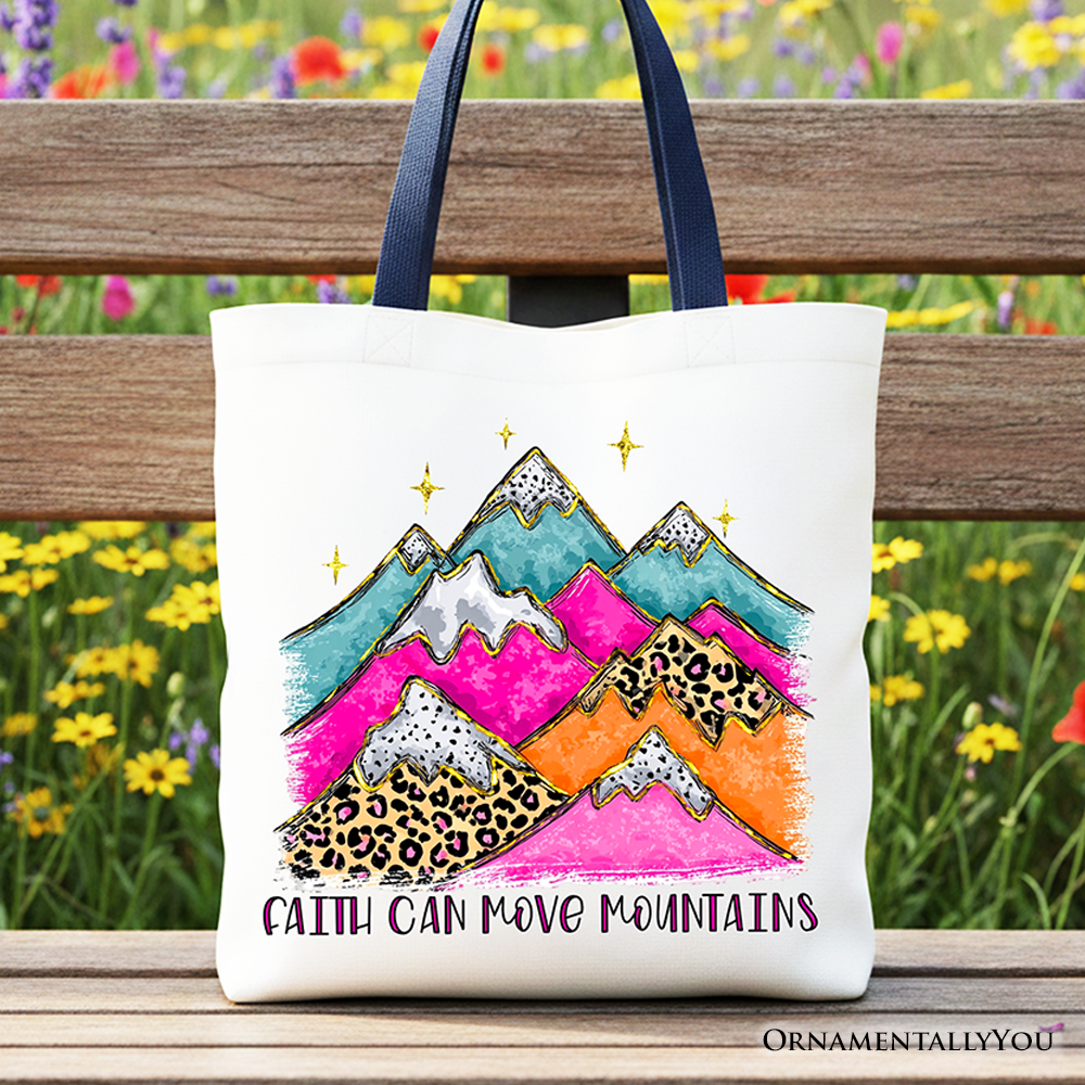 Faith Can Move Mountains tote bag featuring bohemian leopard print