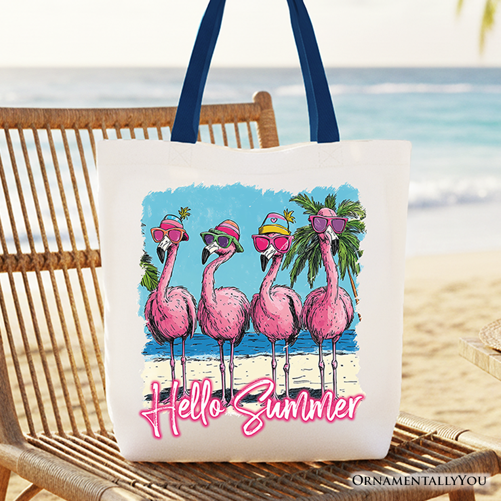 Tropical Hello Summer tote bag with pink flamingo graphic on canvas