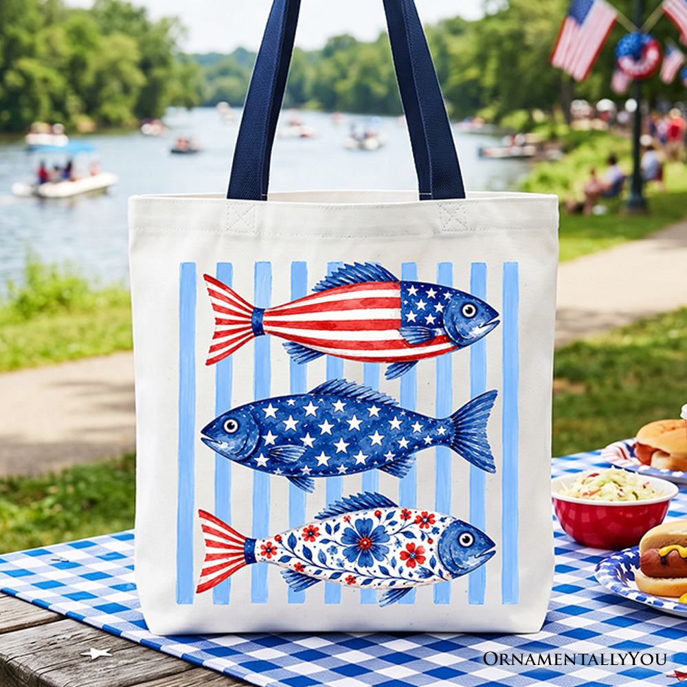 Red, white, and blue striped cotton tote bag with fish graphic