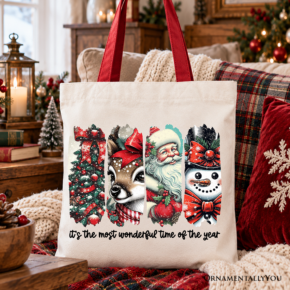 It's Most Wonderful Time Of The Year Tote Bag, Reindeer, Santa, Snowman Vintage Gift Shopper for Christmas