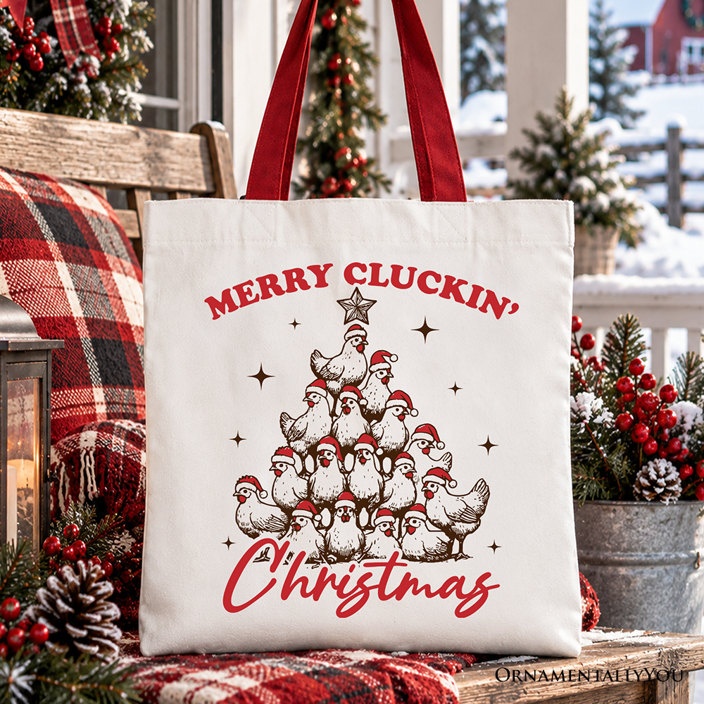 Merry Cluckin' Christmas Tree Tote Bag, Funny Santa Hat Chicken Farmhouse Gift Shopper