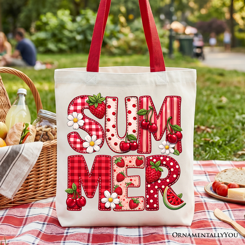 Off-white cotton canvas tote bag featuring a vibrant strawberry and cherry patchwork fruit print.
