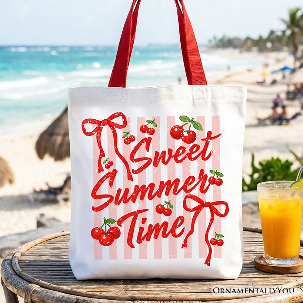 Striped cherry coquette graphic on a beige canvas tote bag, perfect for summer shopping.