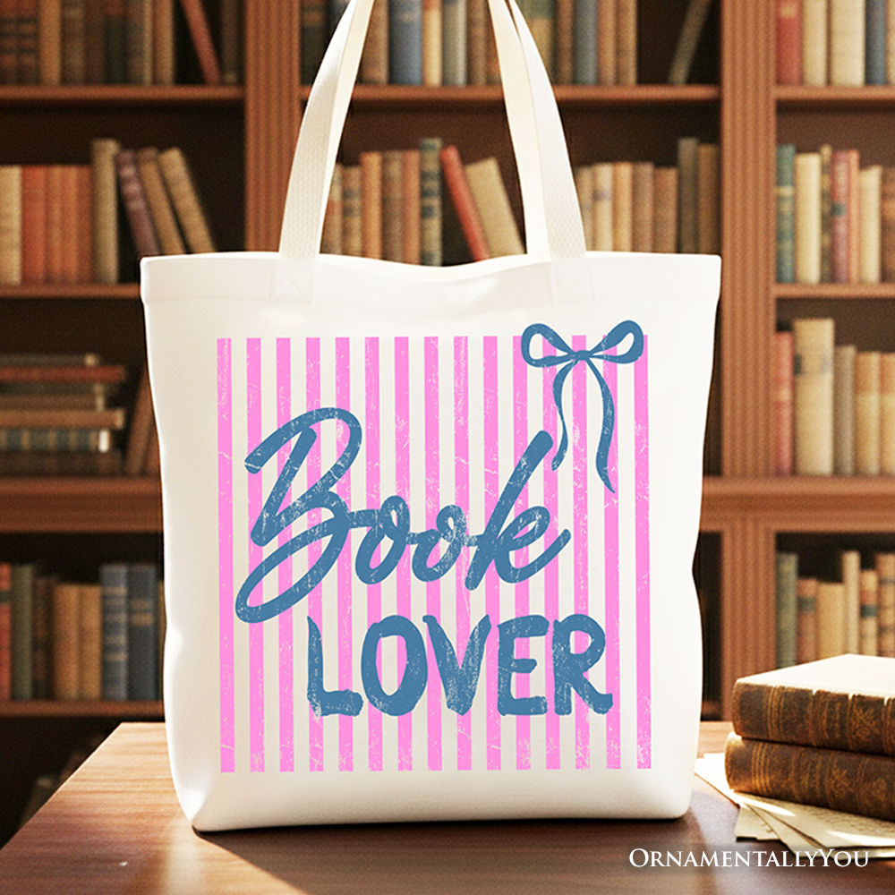 White, pink, and blue striped book lover tote bag for library trips