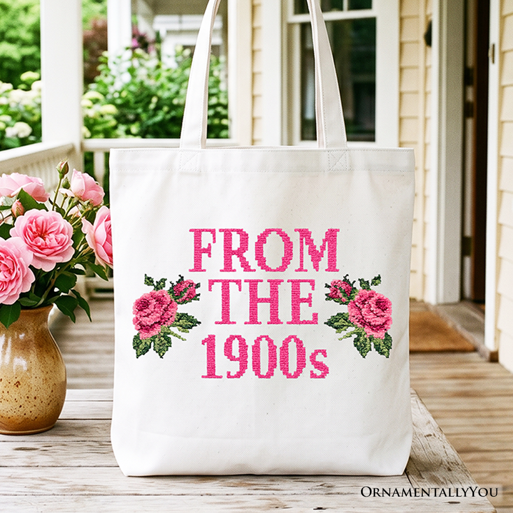 From The 1900s floral faux embroidery print on a white cotton canvas tote bag.