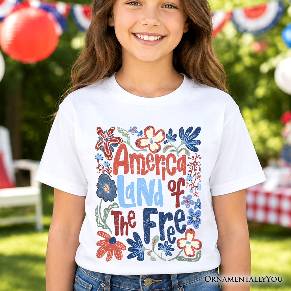 Kids vintage-inspired floral Land of the Free t-shirt in white and beige cotton