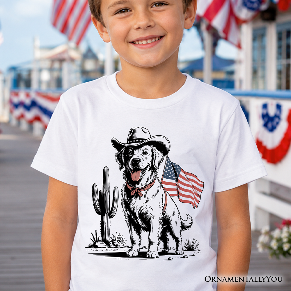 A child wearing an American Cowboy Dog T-Shirt with a patriotic western design.