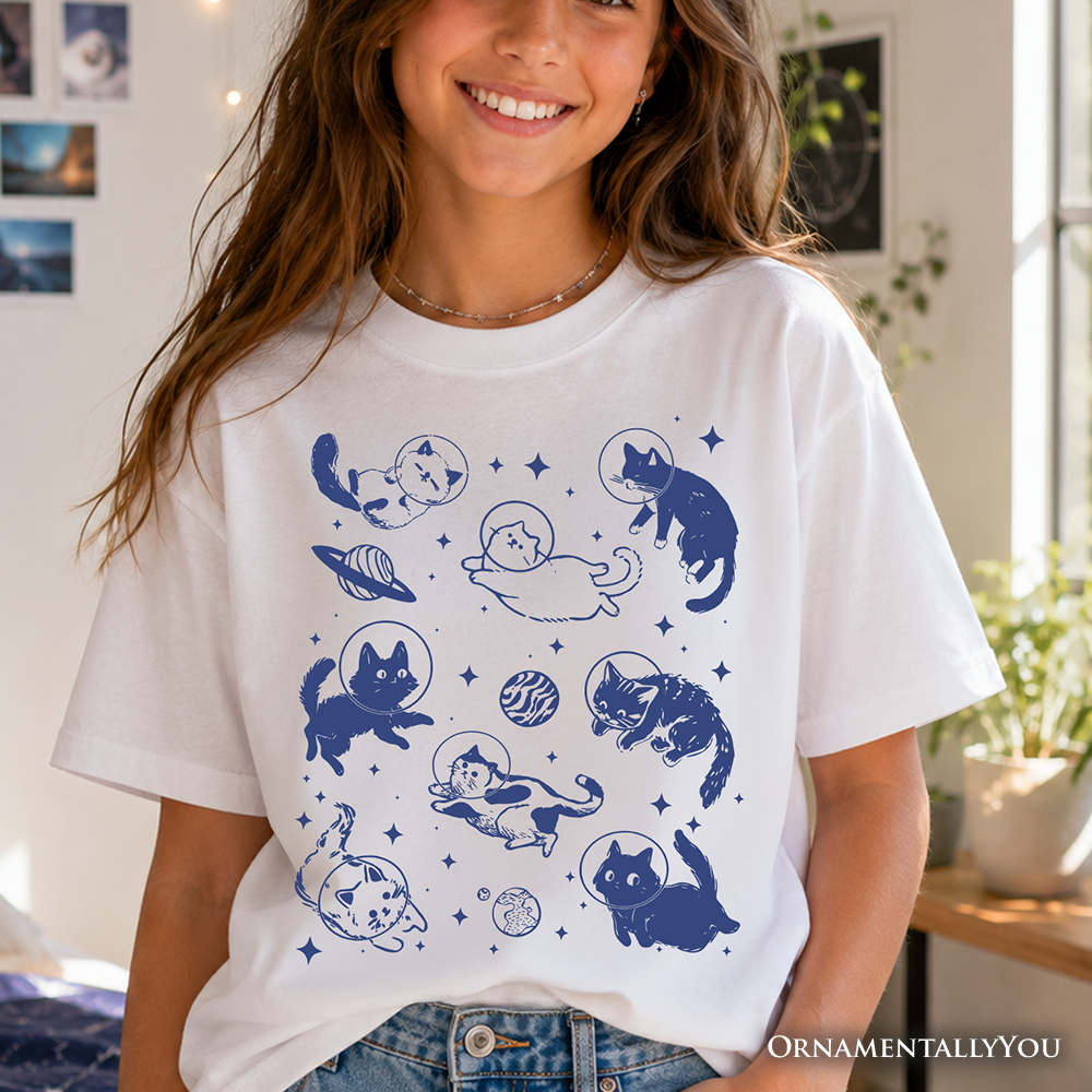 Funny retro-style cats in space astronaut kids t-shirt in white and navy blue