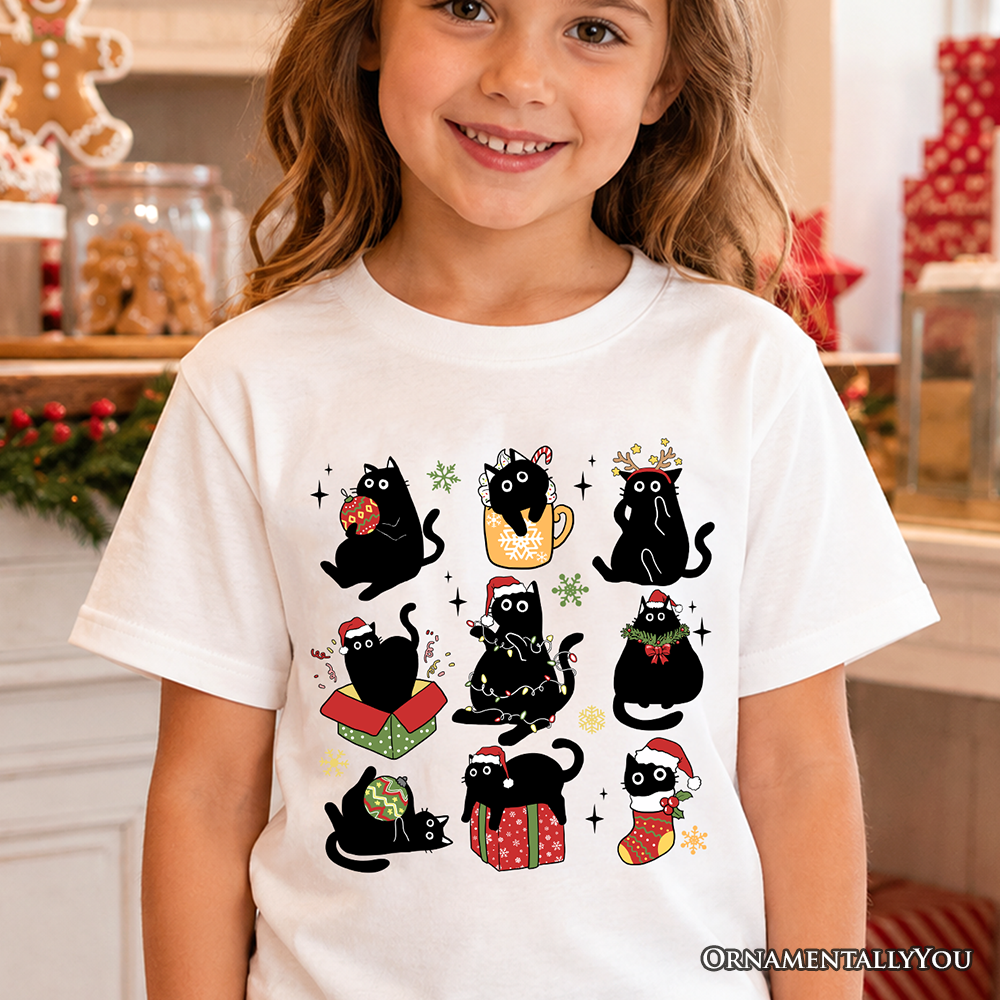 Kids black t-shirt featuring a cat wearing a red Santa hat