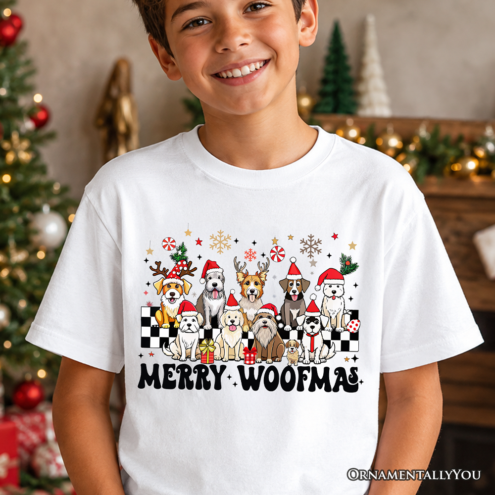 Youth t-shirt with dogs in Santa hats for the holiday season