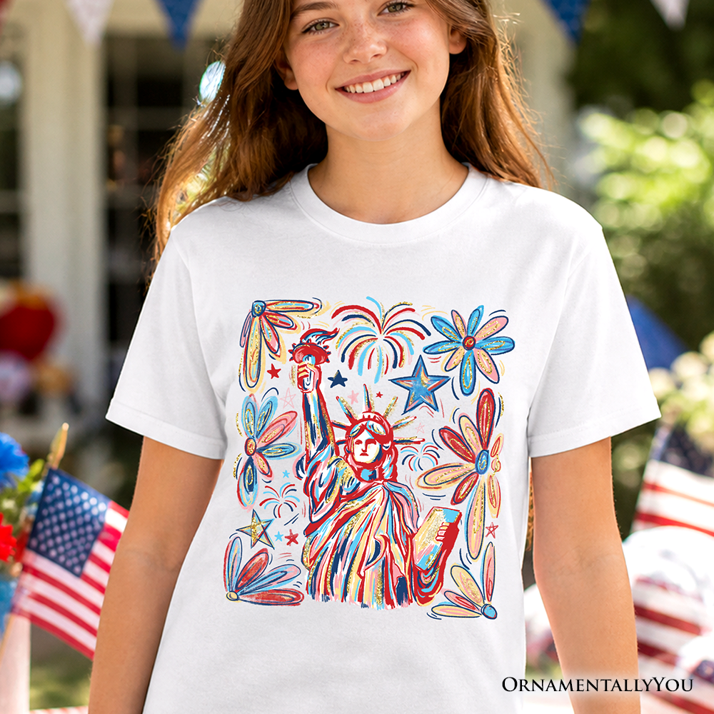 Kids patriotic Statue of Liberty and fireworks graphic t-shirt in white and beige