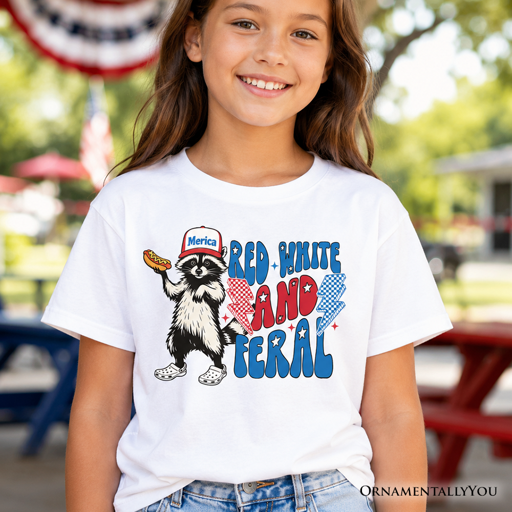 Child wearing a Red, White & Feral Raccoon graphic t-shirt for kids