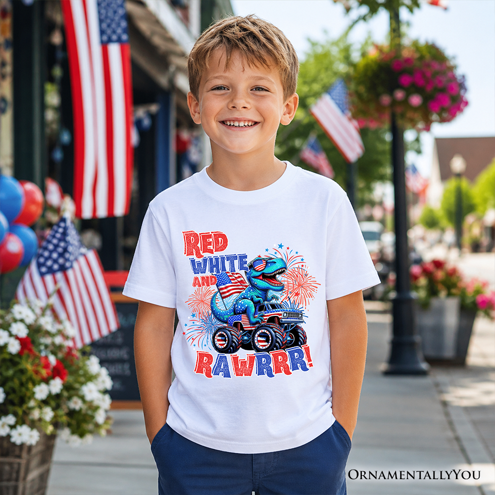 Patriotic Dinosaur Monster Truck T-Shirt for Kids, 4th of July Tee