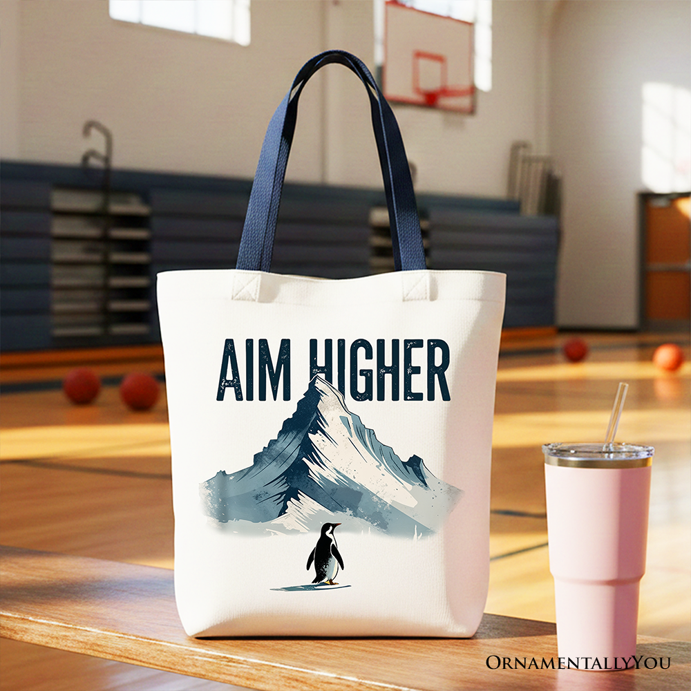 Aim Higher Penguin Tote Bag, Vintage Motivational Canvas Shopper