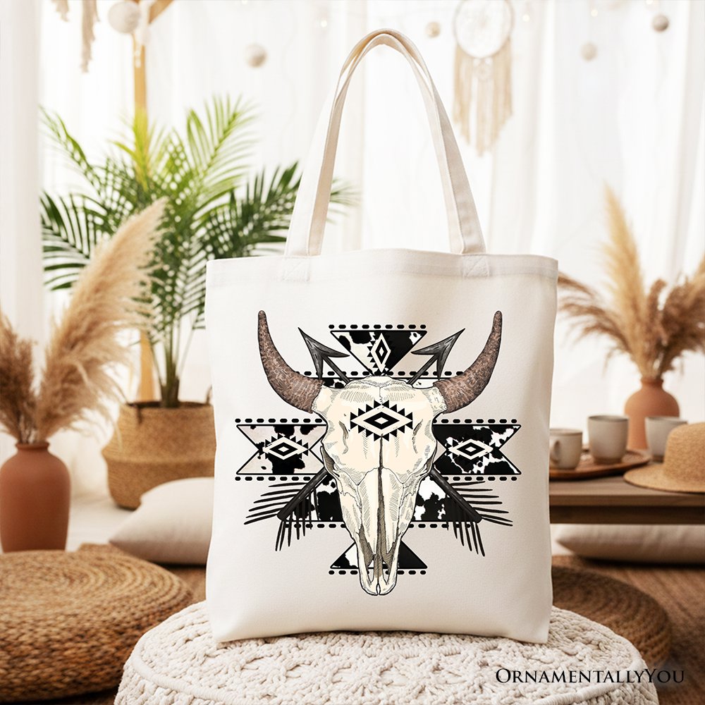 Aztec Tribal Bull Skull Canvas Tote Bag, Western Boho Shopper