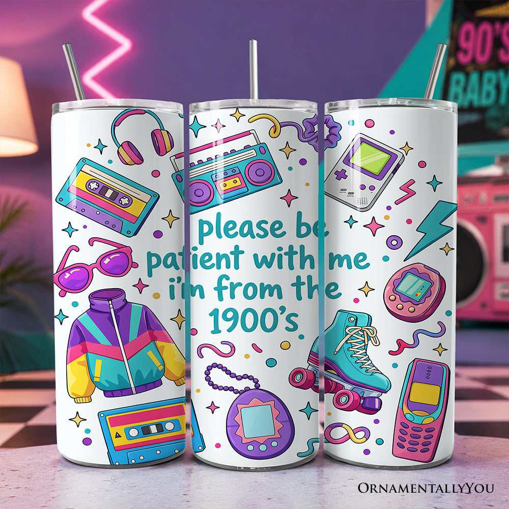 20oz stainless steel personalized travel tumbler with retro 90s funny 1900s typography