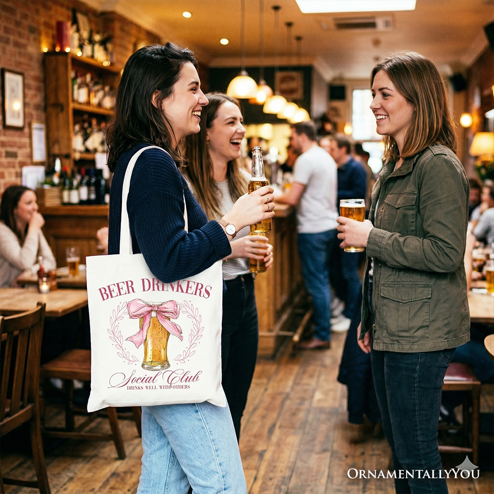 Beer Drinkers Social Club Tote Bag with Pink Coquette Bow Design