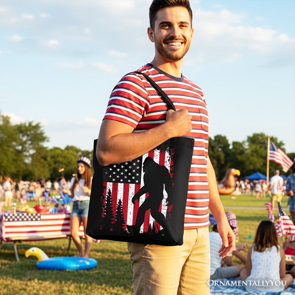 Bigfoot American Flag Canvas Tote Bag, Patriotic Gift Shopper