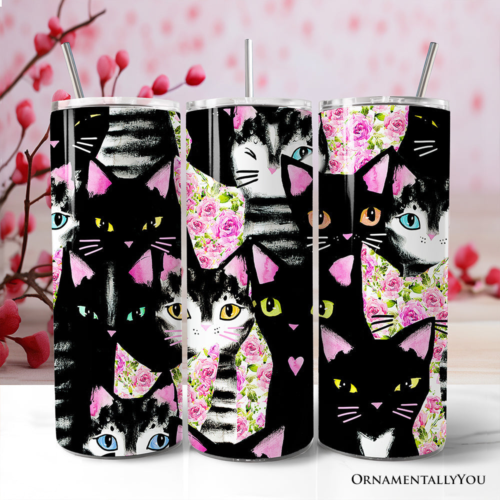 20oz stainless steel travel tumbler featuring black cats and pink rose floral print with a matching stainless steel straw.