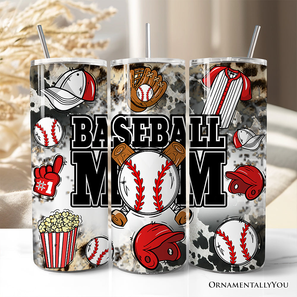 20oz stainless steel travel tumbler with black and red baseball mom pattern and straw