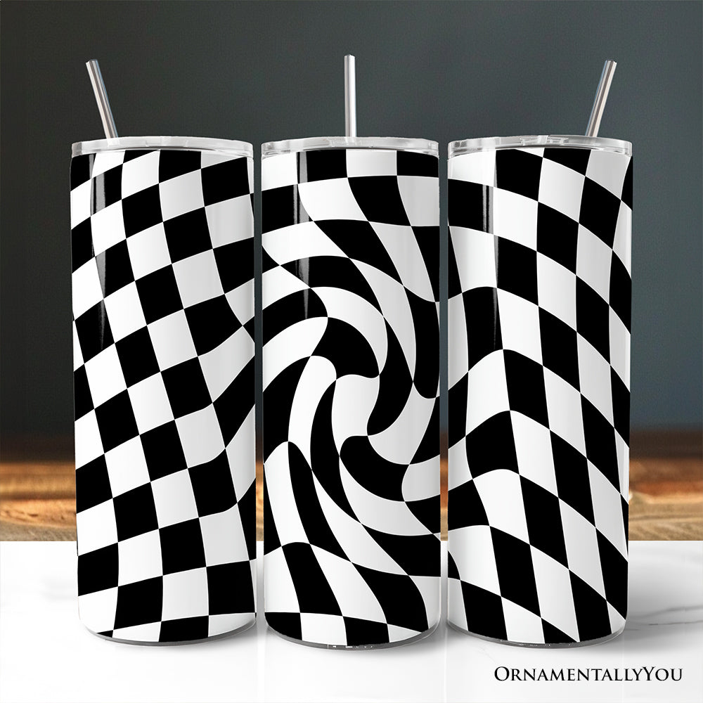Black and white checkerboard swirl pattern 20oz stainless steel travel tumbler with straw and lid