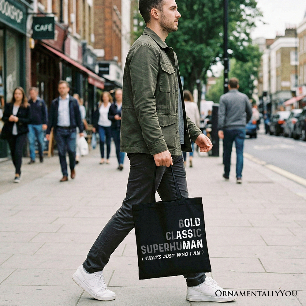 Bold Classic Superhuman Dad Quote Cotton Tote Bag, Off-White