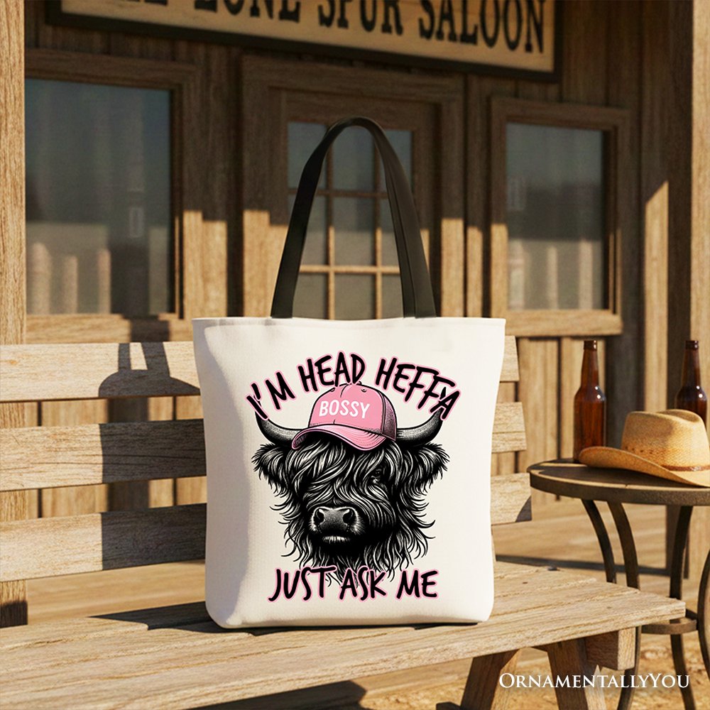 Head Heifer Highland Cow Canvas Tote Bag, Funny Western Gift