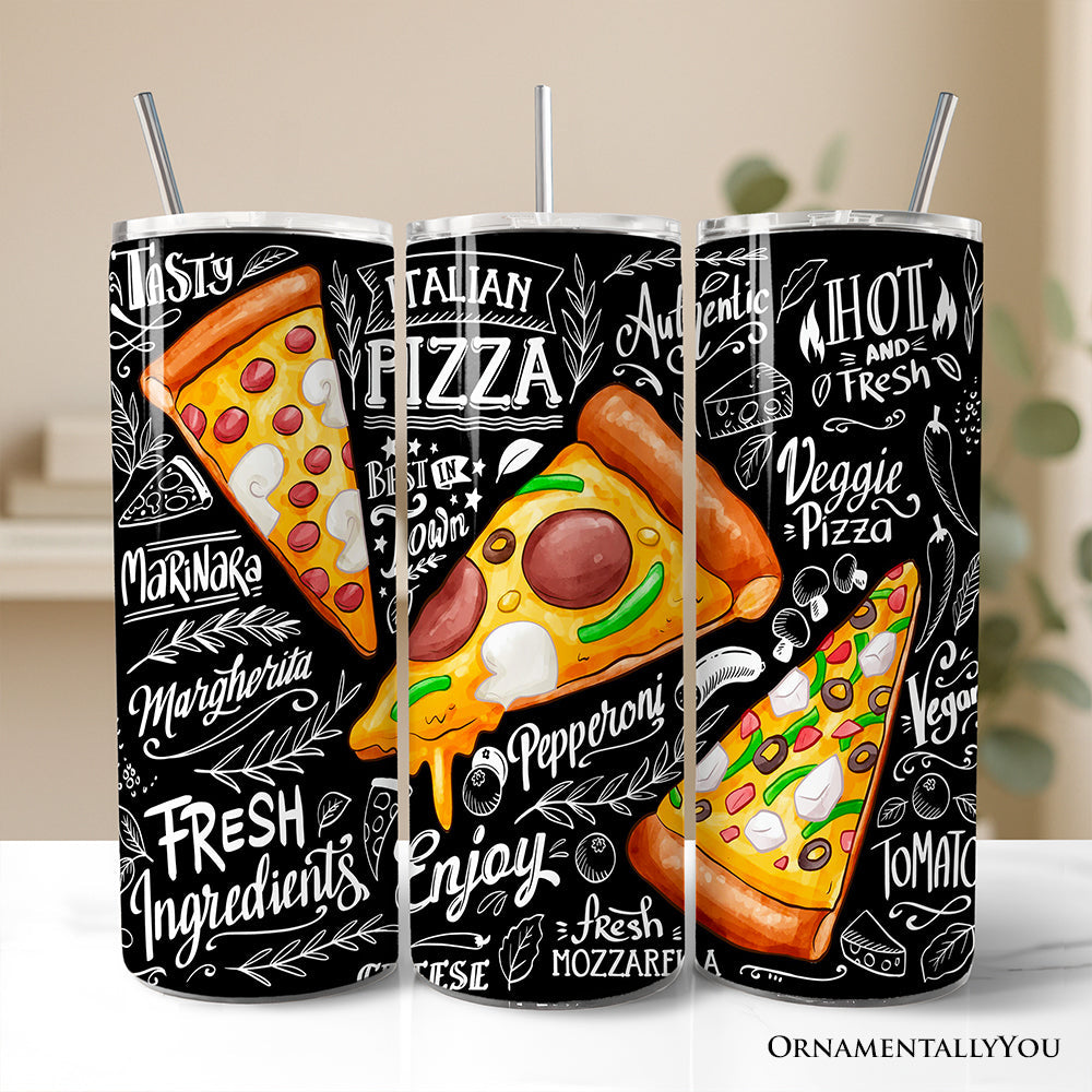 20oz stainless steel travel tumbler with black and white chalk art pizza doodles and vibrant topping illustrations.