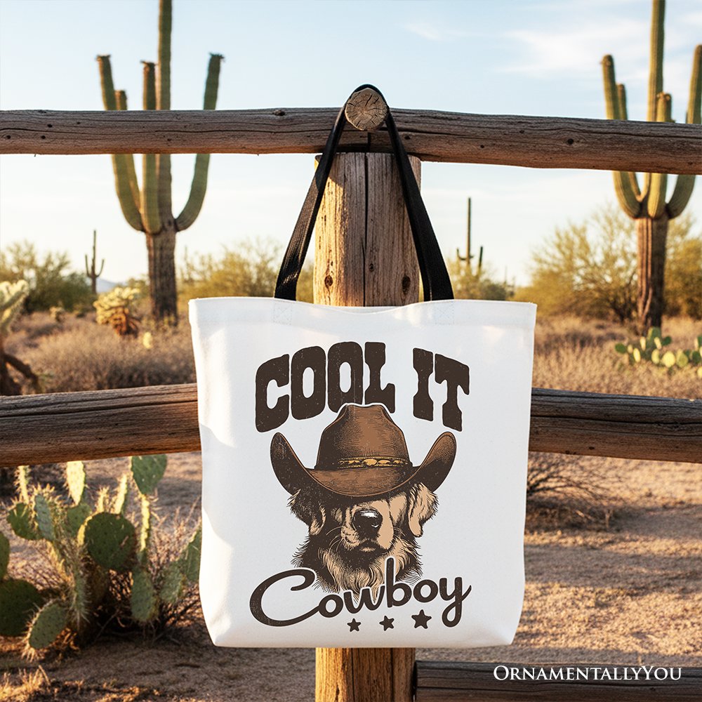 Cool It Cowboy Golden Retriever Canvas Tote Bag, Western Shopper