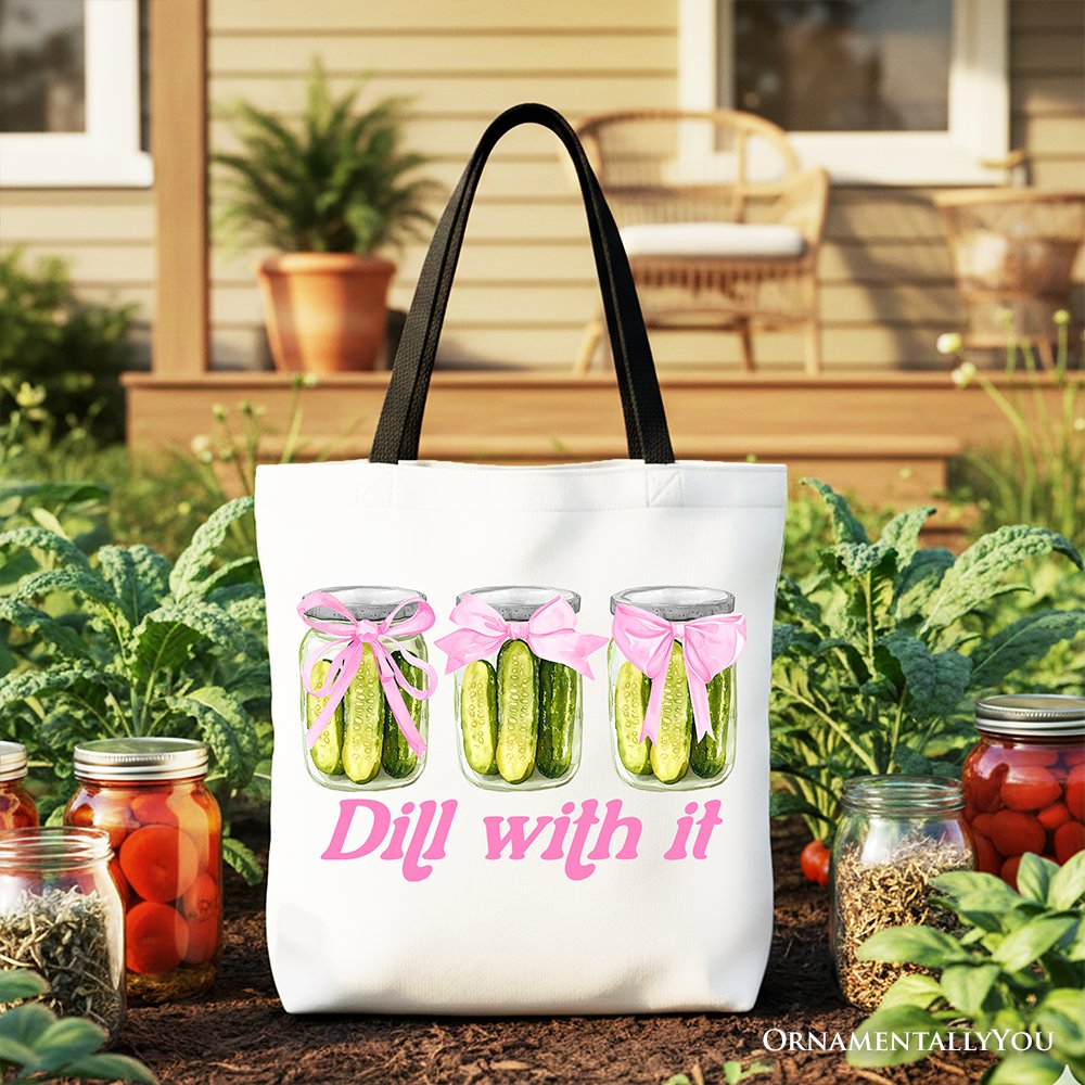Coquette Pickle Tote Bag with Pink Bow, Funny Canvas Shopper
