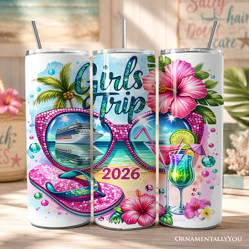 20oz tropical themed cruise trip tumbler with personalized text for a girls' vacation.