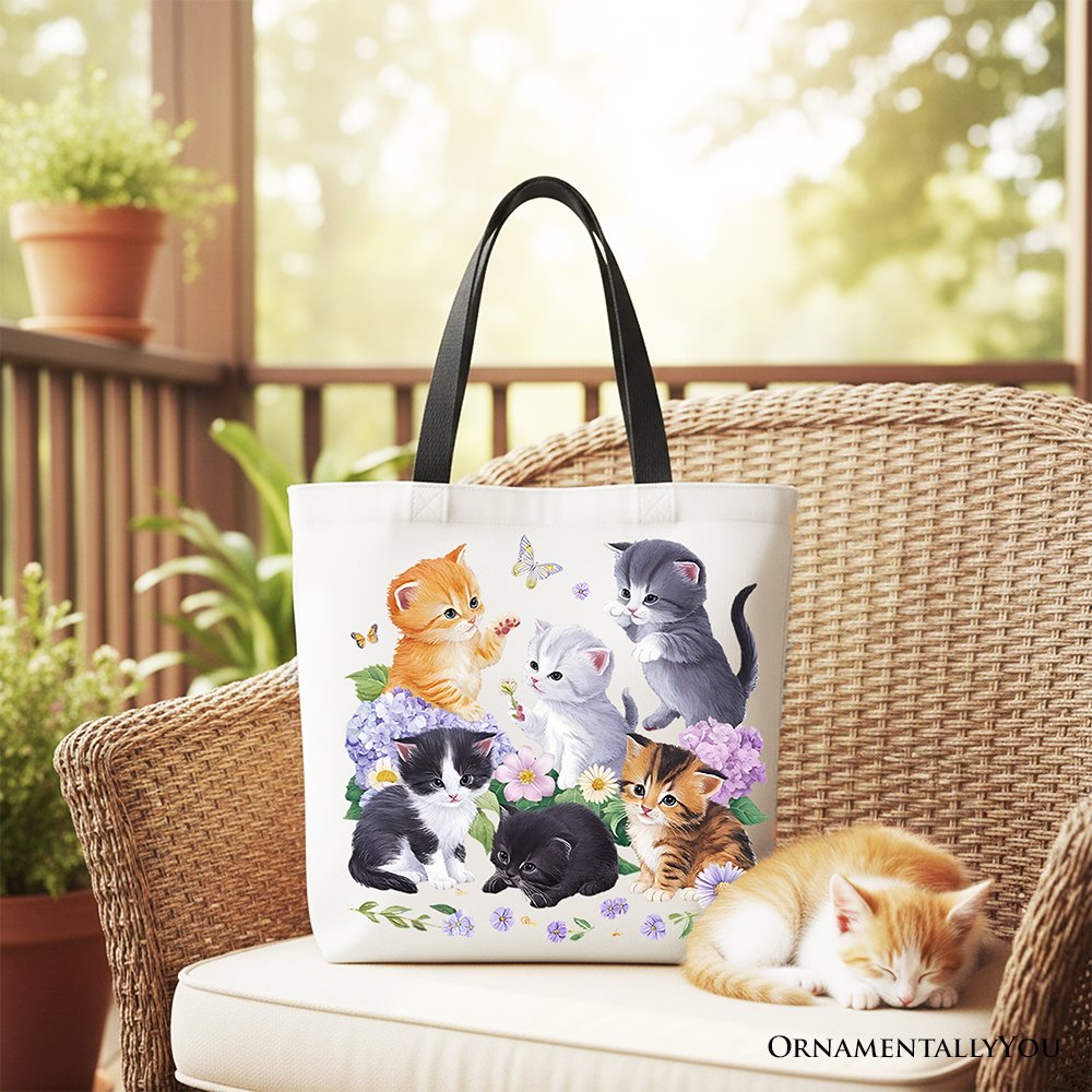 Cute Baby Cats Wildflower Tote Bag, Cottagecore Botanical Cat Gift Shopper