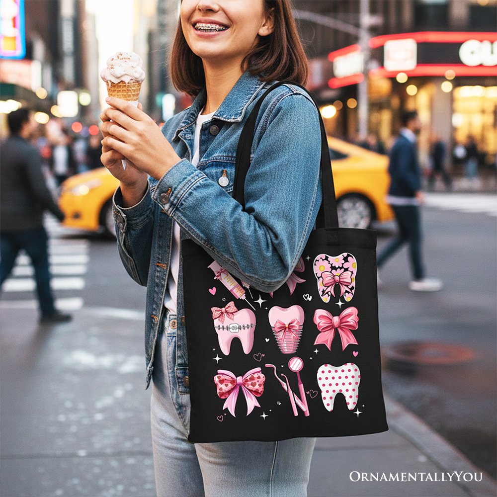 Coquette Canvas Tote Bag, Pink Teeth Dentist Life Bow Shopper