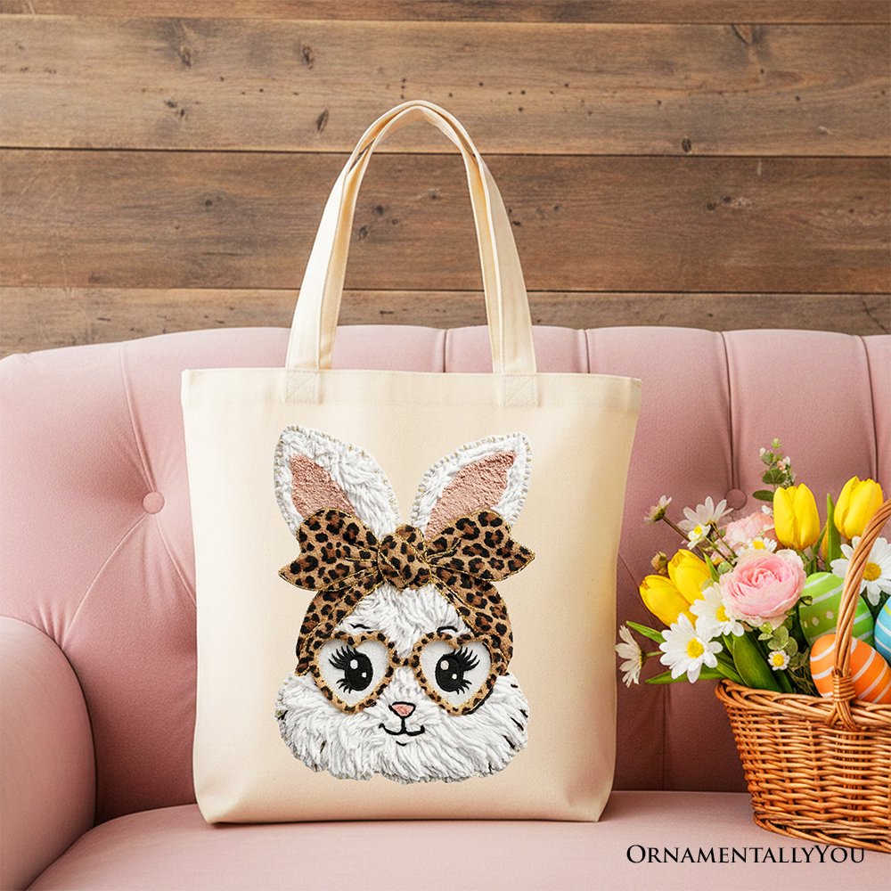 Easter Bunny Leopard Bow Tote Bag, Coquette Faux Embroidery Shopper