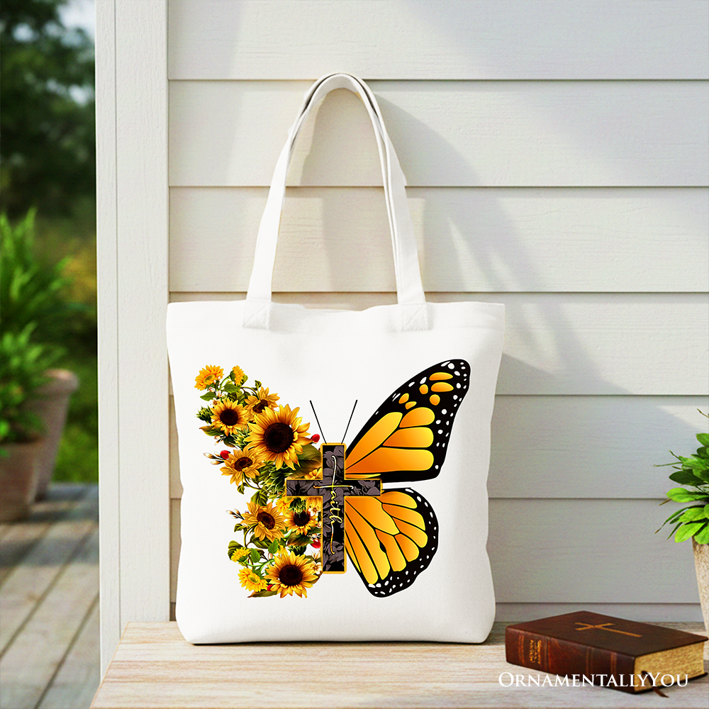 Faith Cross Butterfly Tote Bag - Christian Floral Cotton Shopper
