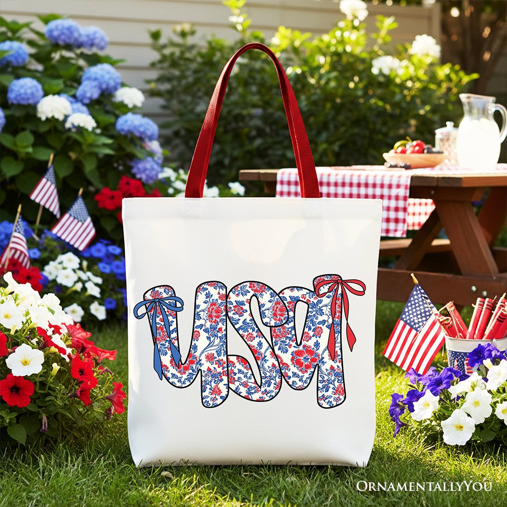 Floral USA Patriotic Canvas Tote Bag - Red, White and Blue Shopper