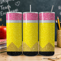 Personalized 20oz stainless steel tumbler with glitter pencil design, including lid and straw.