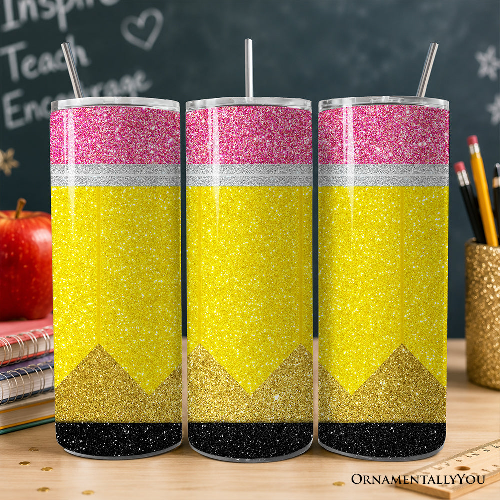 Personalized 20oz stainless steel tumbler with glitter pencil design, including lid and straw.