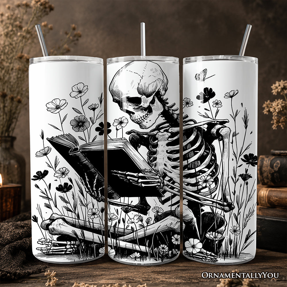 Gothic Reading Skeleton 20oz stainless steel tumbler with straw and lid
