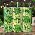 Green 20oz tumbler with shamrock and bow pattern including stainless steel straw