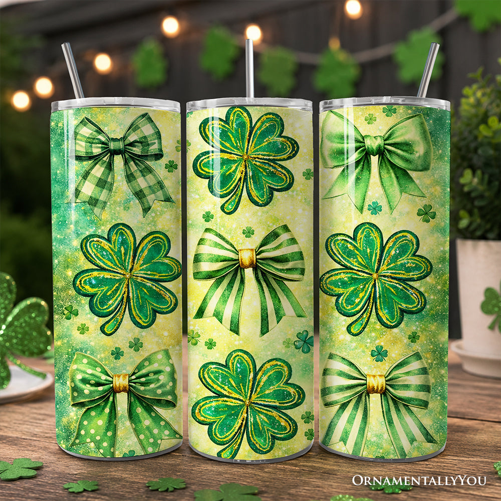 Green 20oz tumbler with shamrock and bow pattern including stainless steel straw