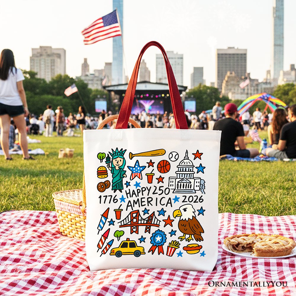 Happy 250 America Doodle Cotton Tote Bag USA Patriotic Anniversary