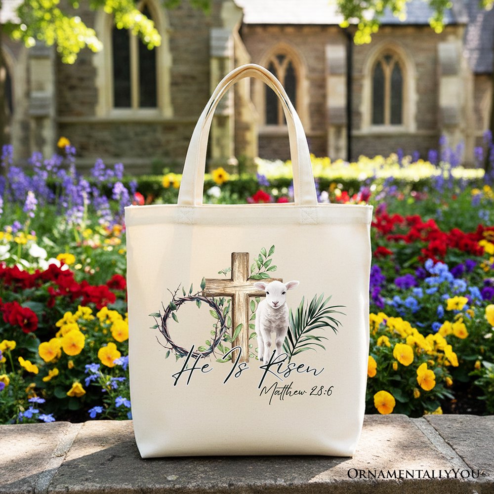 He Is Risen Lamb Cross Easter Tote Bag, Christian Gift Shopper