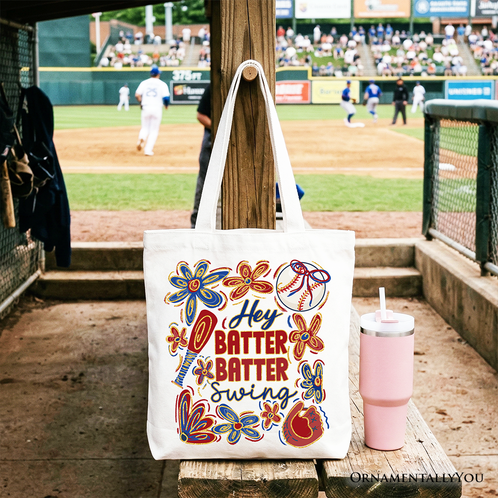 Hey Batter Baseball Tote Bag Retro White Natural Gift Shopper
