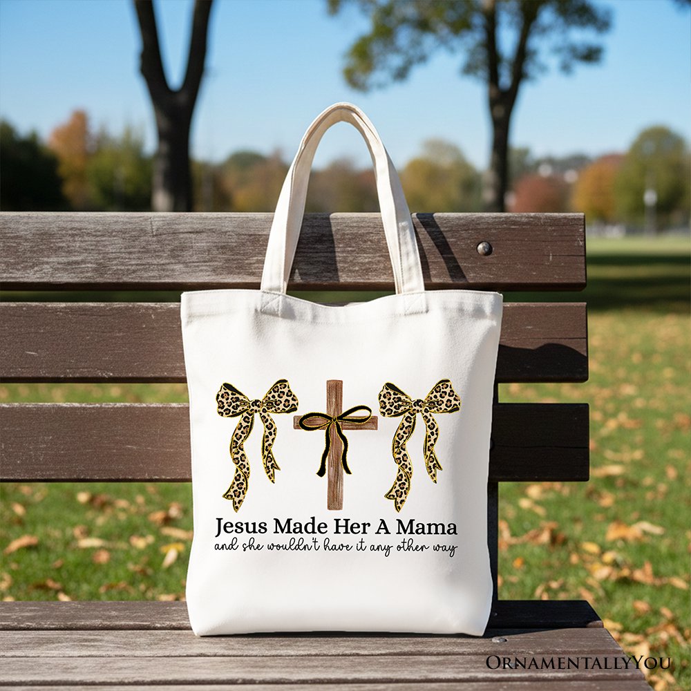 Jesus Made Her A Mama Tote Bag Coquette Christian Leopard Bows
