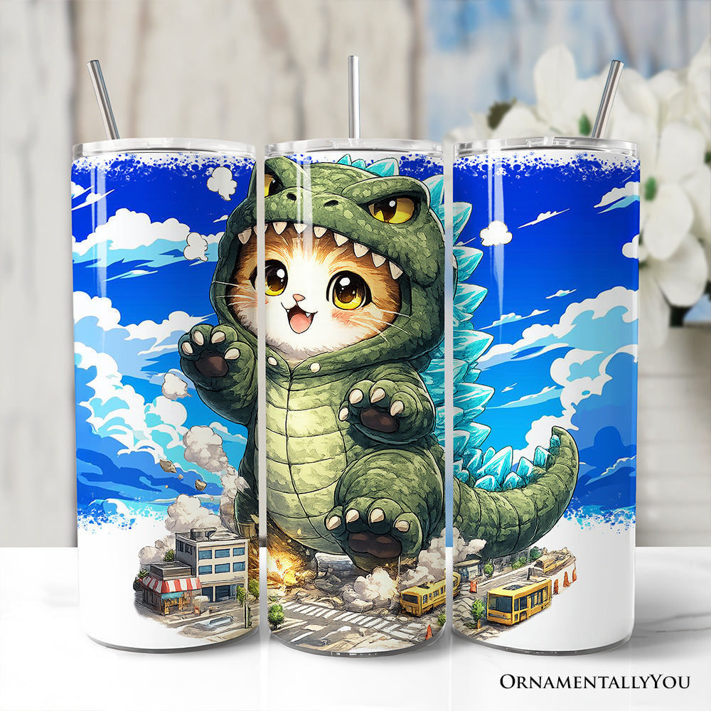 20oz stainless steel travel tumbler featuring a cute kawaii cat kaiju city destroyer print with a stainless steel straw.