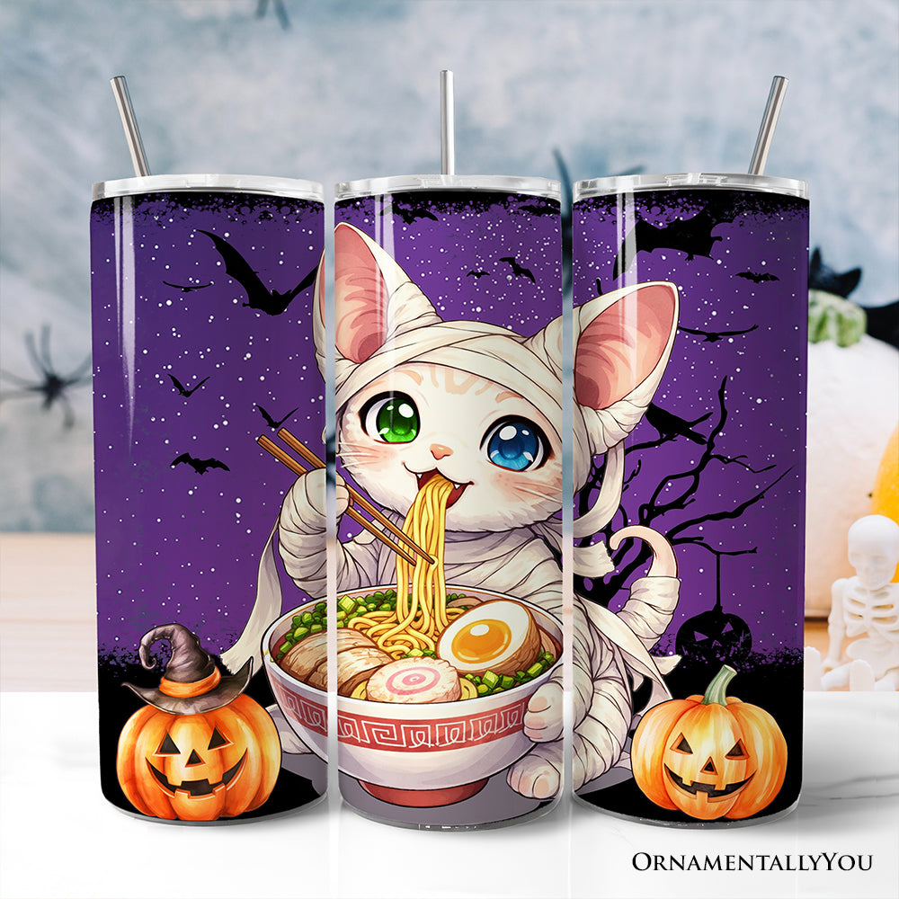 Kawaii Halloween Sphynx cat eating ramen on a 20oz stainless steel travel tumbler with straw