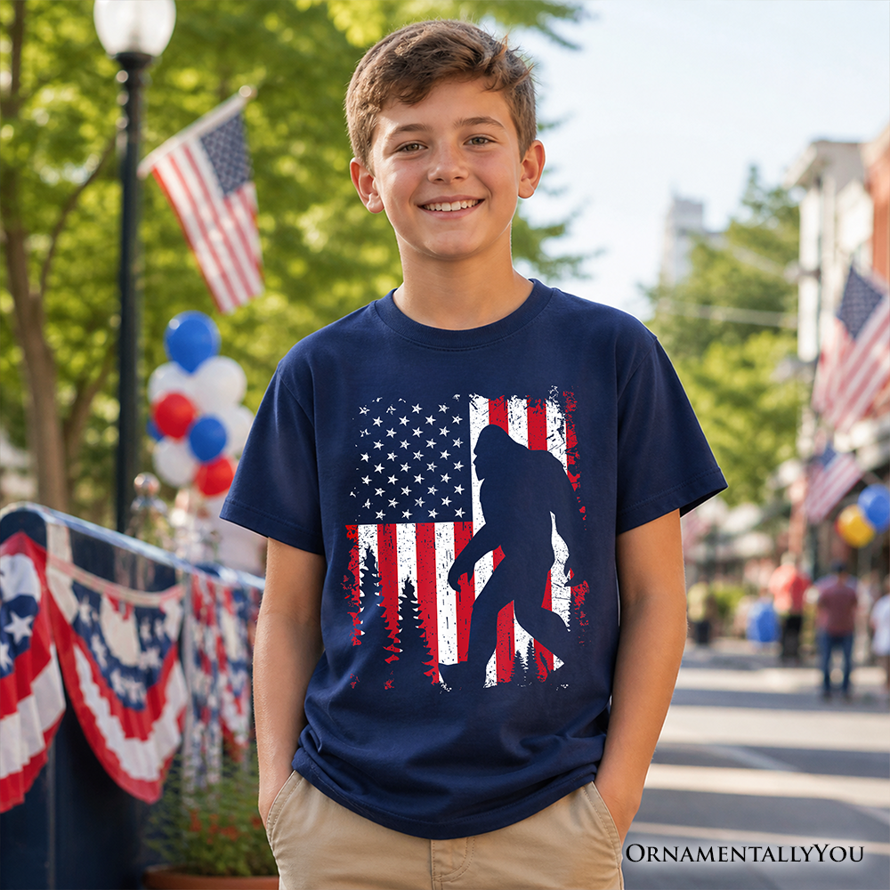Kids Bigfoot American Flag T-Shirt Patriotic Sasquatch Youth Tee