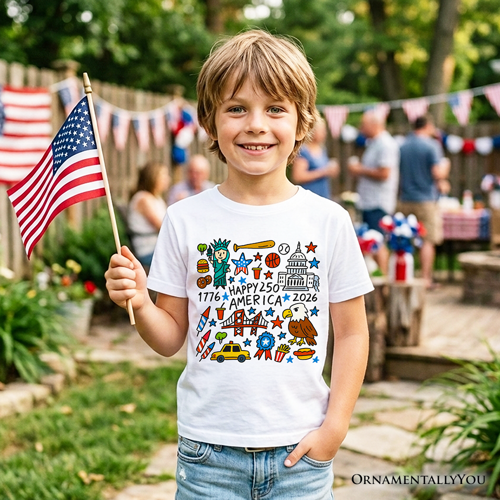Kids Patriotic 1776-2026 250th Anniversary Doodle T-Shirt