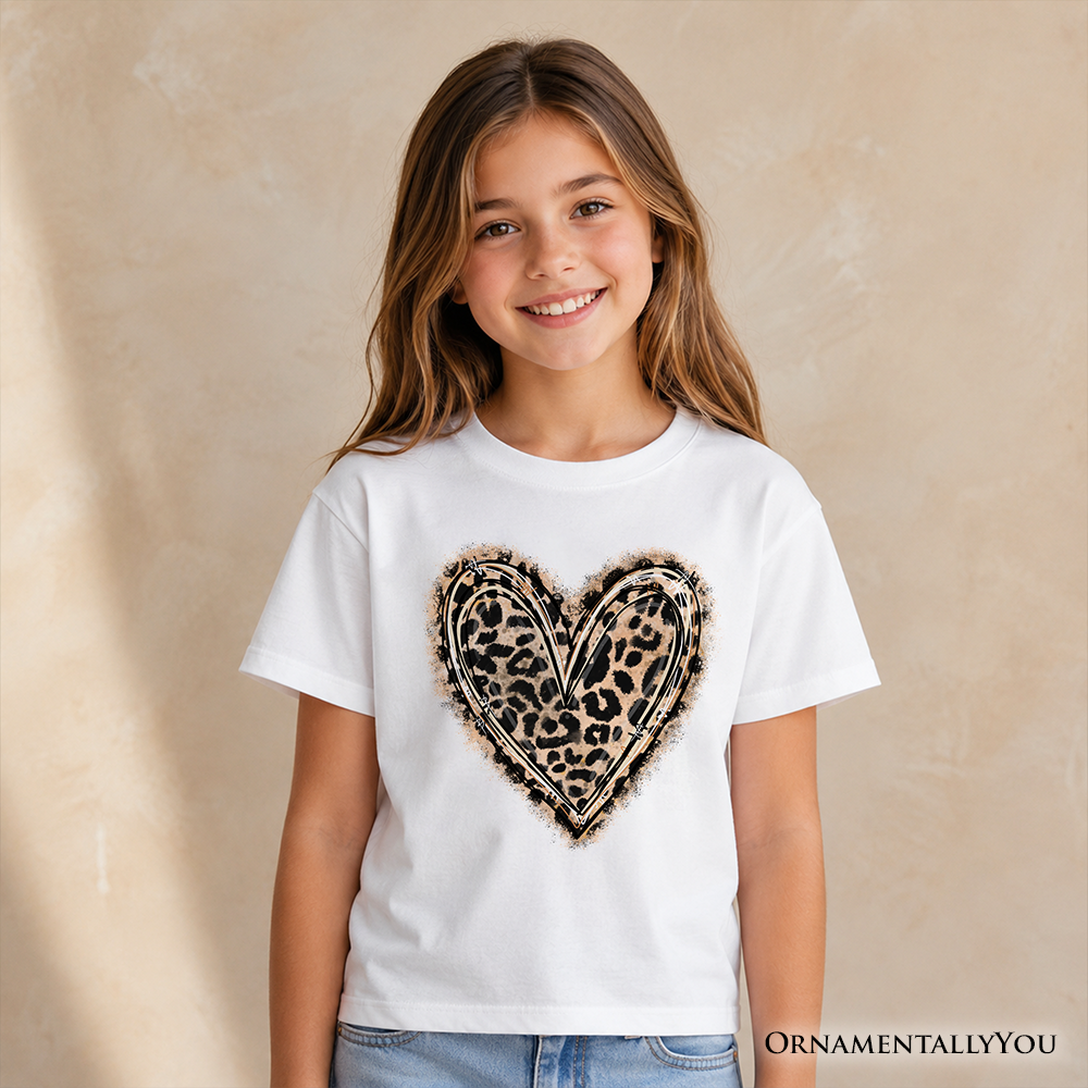 Kids Leopard Heart Valentine T-Shirt, Watercolor Love Tee